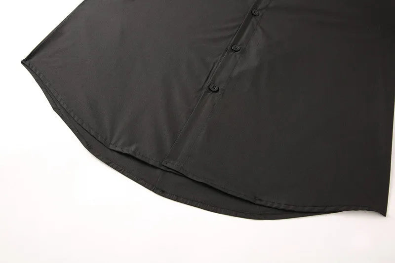 Men's black stand-up collar shirt with fitted silhouette, available in sizes S to XXXL for smart casual and formal wear.