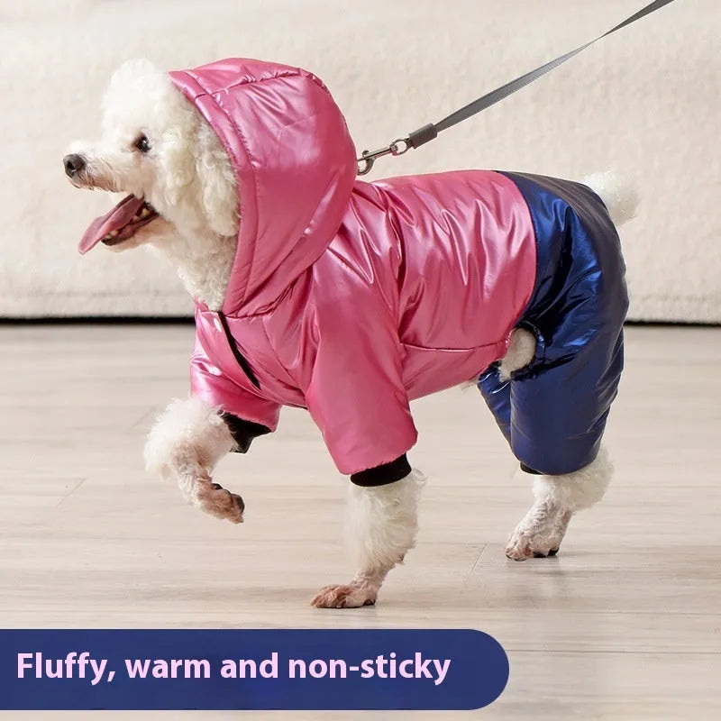 Green waterproof windproof dog winter coat with four-legged design and cotton construction