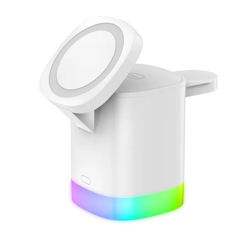 3 in 1 magnetic wireless fast charger cube with RGB ambient light, foldable design, black or white, USB outlet.