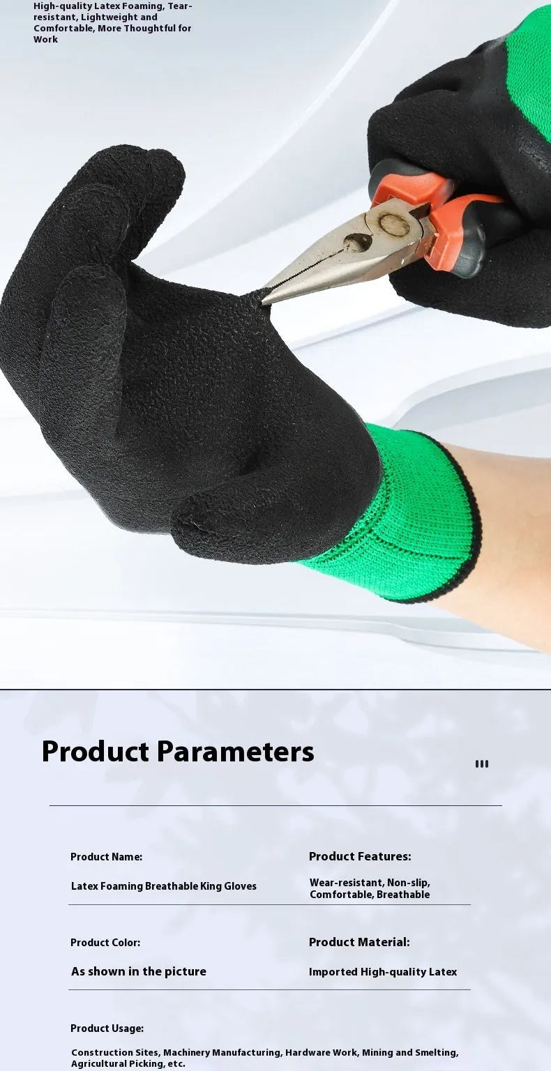 Black and green rubber work gloves with textured non-slip surface, shown in size M.