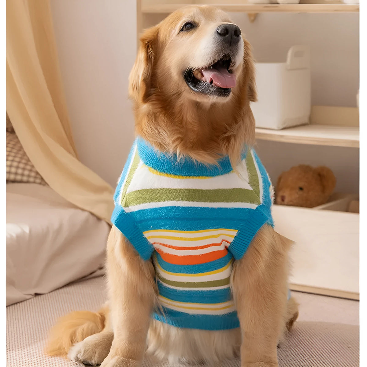 Blue striped sleeveless knitted dog jumper for large breeds, sizes 2XL to 7XL