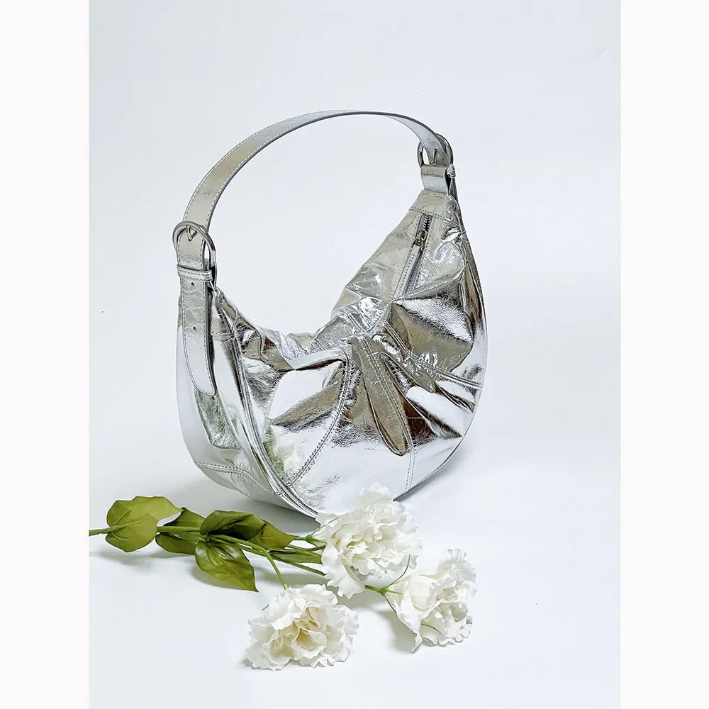Women's soft first layer cowhide shoulder bag in dumpling shape with double straps and cotton lining
