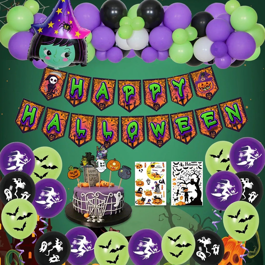 Halloween balloon combo set showing spider arch with skull and pumpkin designs in black and white
