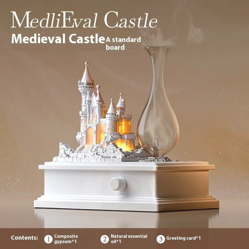 White medieval castle-shaped cold fragrance aromatherapy machine with ambient light on a table.