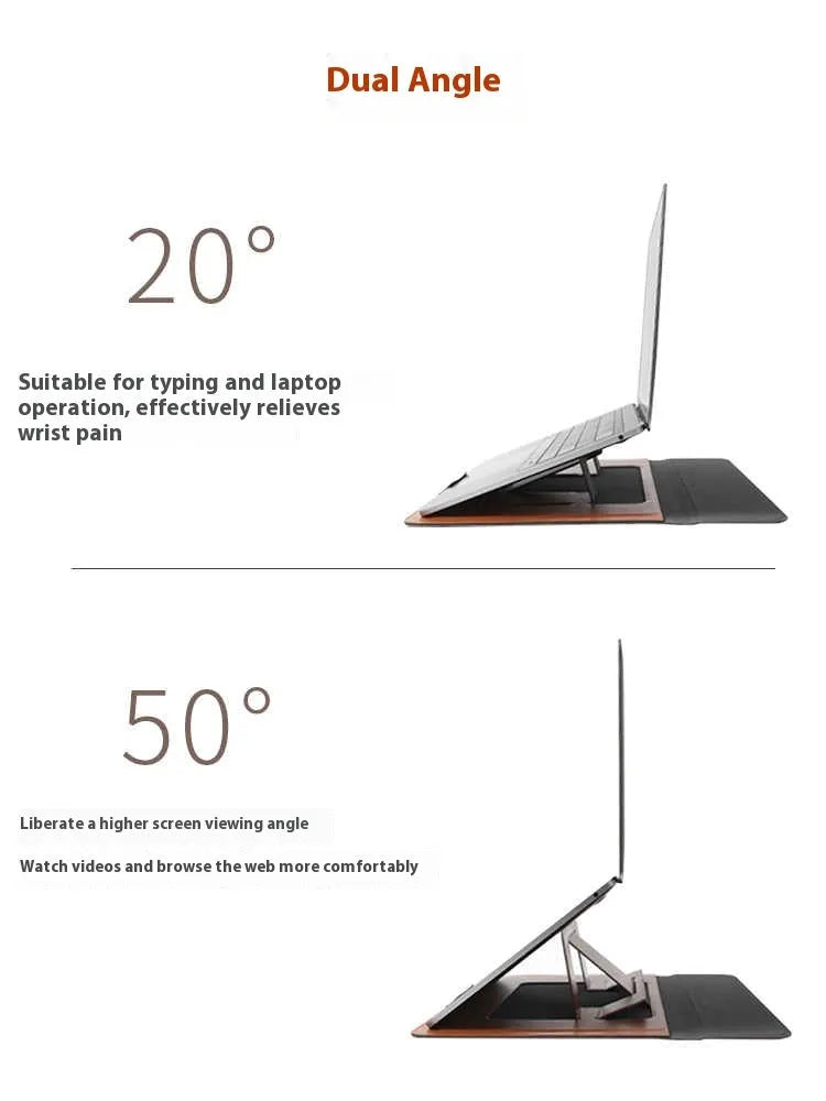 Brown 13.3-inch laptop bracket bag with integrated dual-angle stand open on a desk