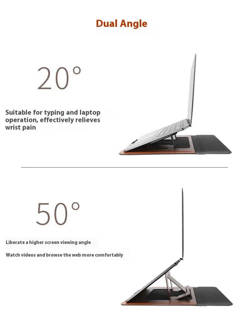 Brown 13.3-inch laptop bracket bag with integrated dual-angle stand open on a desk