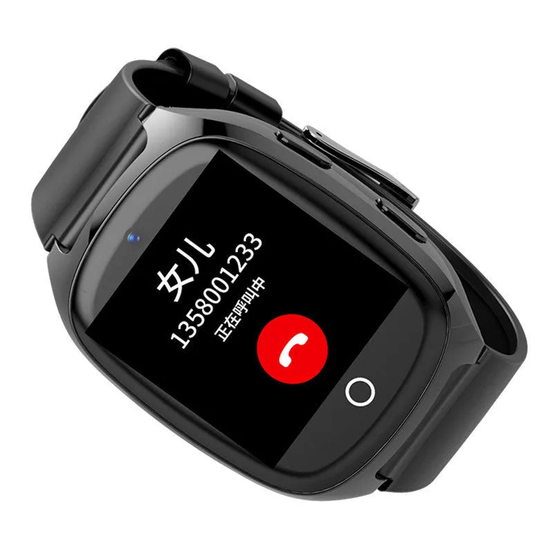 Black GPS tracker smartwatch for children with a touch screen showing a video call interface.
