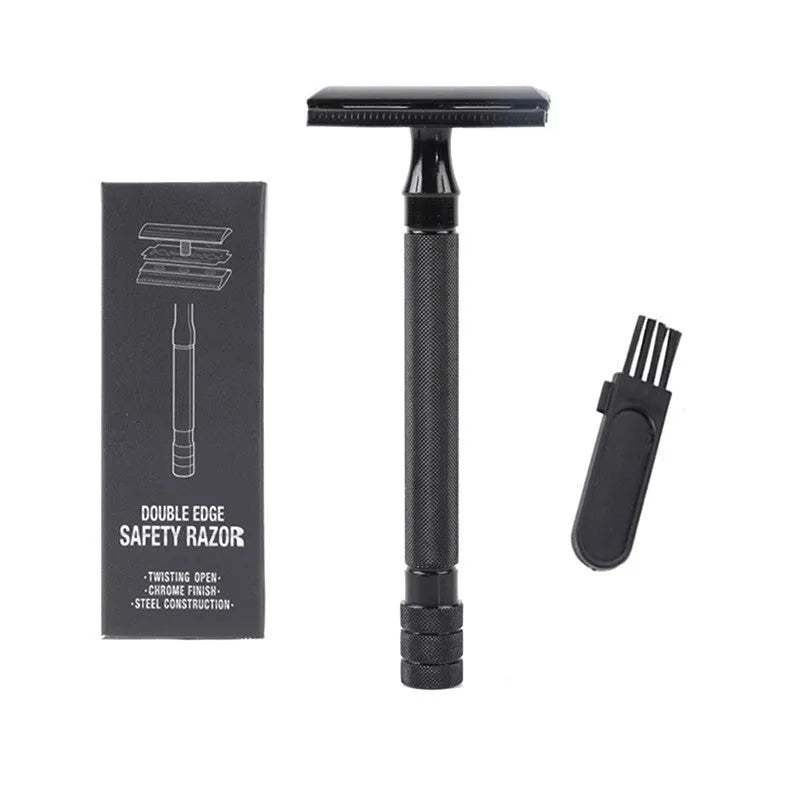 Traditional manual safety razor with natural bristle brush shaving set in black or silver finish