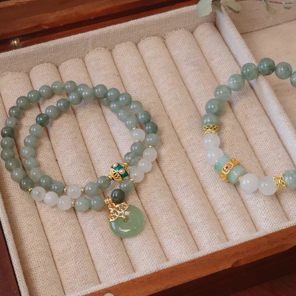 Myanmar jade bracelet with traditional Chinese peace buckle and safety clasp