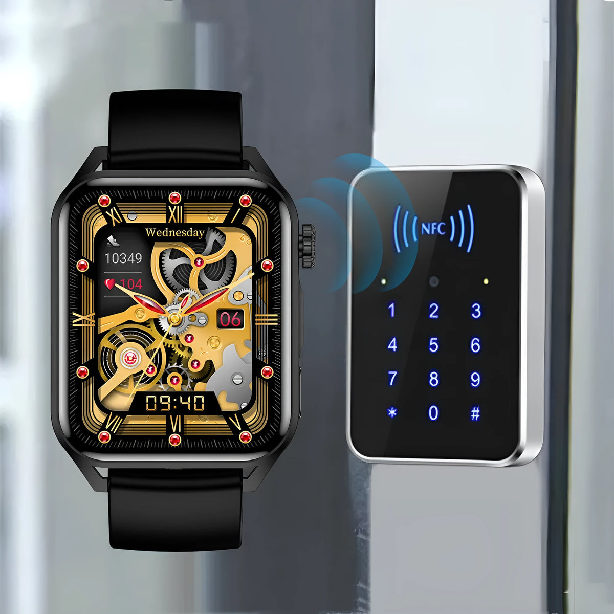 AMOLED NFC smart watch with pink silicone strap showing multi-dial display
