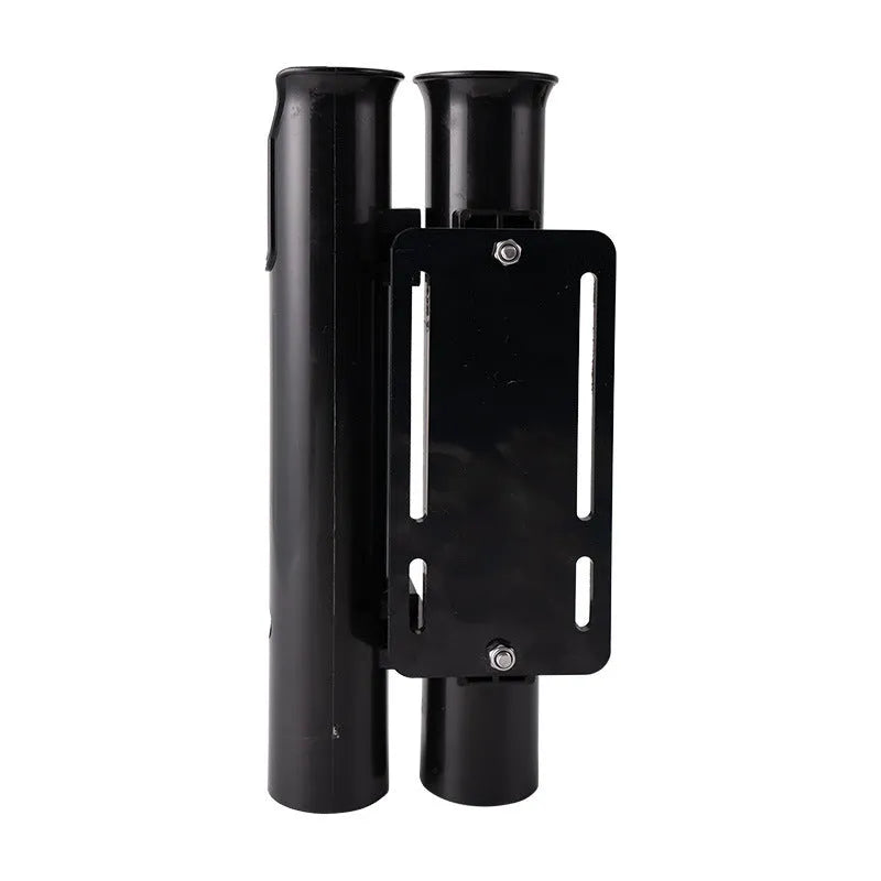 Motorcycle fishing rod rack with double-layer plastic construction and adjustable pipe clamp mounting system