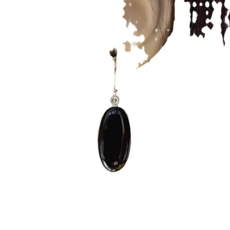 Women's oval black agate pendant earrings with geometric design and electroplated 925 silver finish