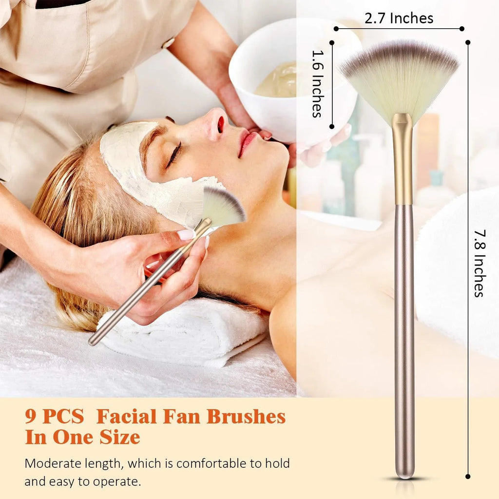 10 professional facial fan brushes with champagne finish and acrylic handles for cosmetic application