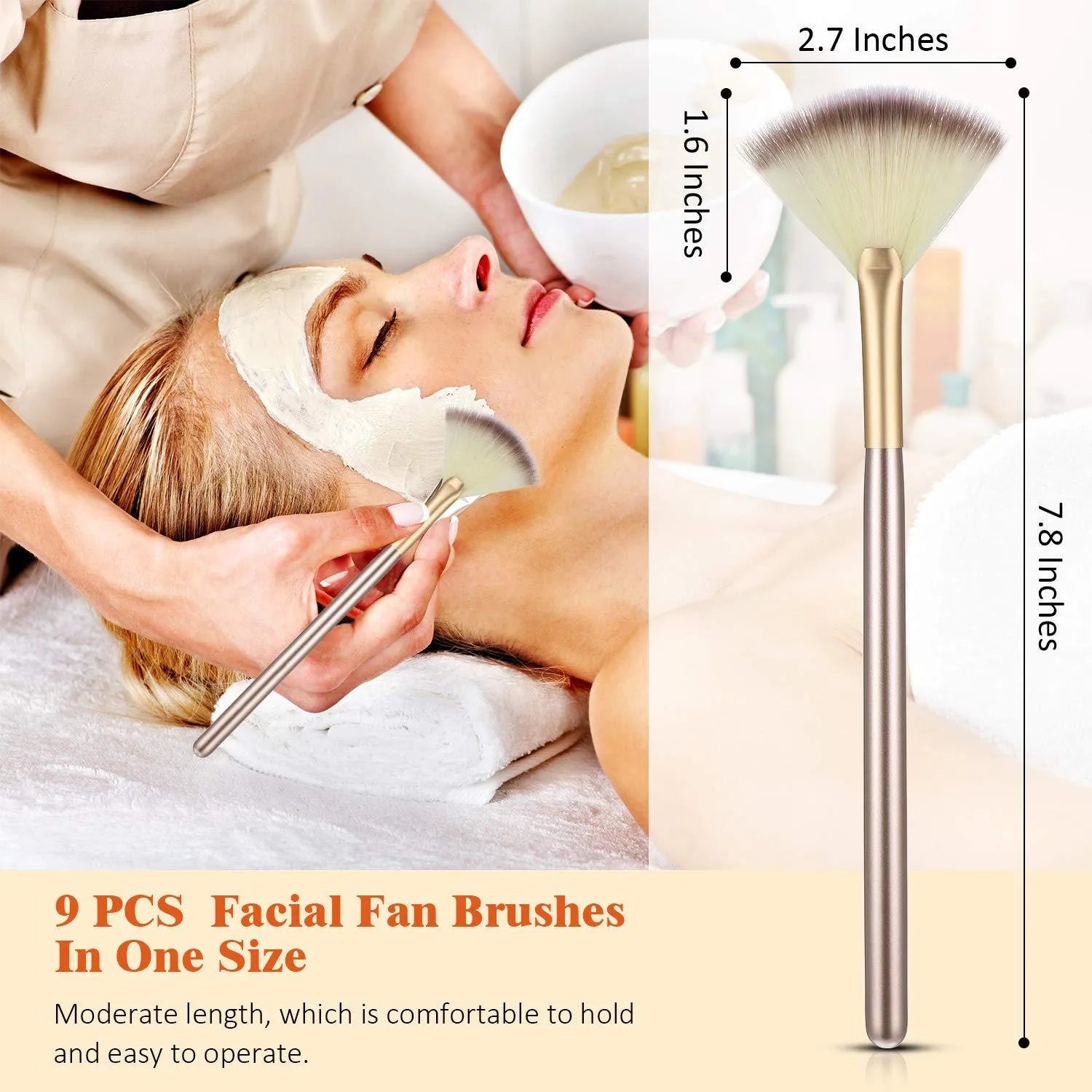 10 professional facial fan brushes with champagne finish and acrylic handles for cosmetic application