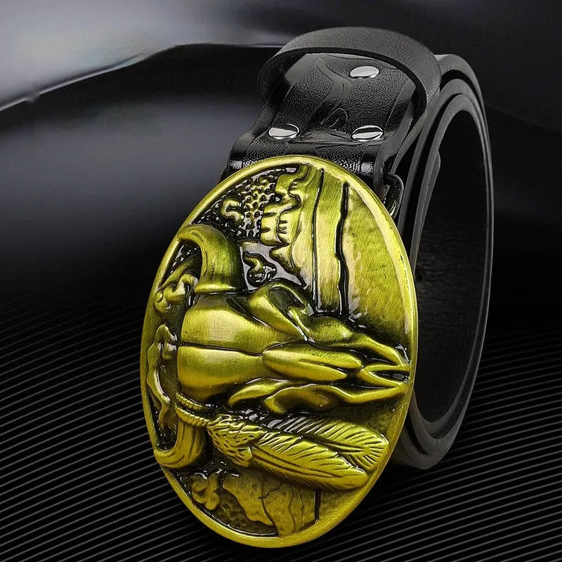 Men's black belt with detailed alloy cow head buckle showing carved and embossed design on imitation leather strap