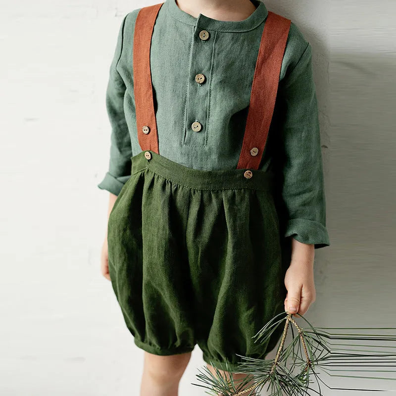 Boys Half-Open Collar Long Sleeve Cotton Linen Shirt Solid Colour European Style Spring Autumn Top 90-130cm White Green Hemp Rust Red