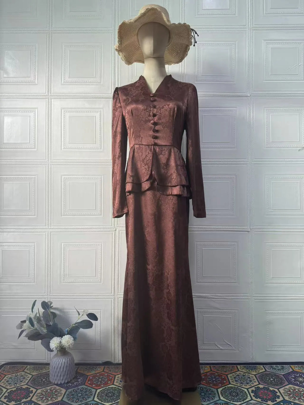 Dark brown retro-style long dress with floral pattern, long sleeves, and a faux two-piece slim fit design