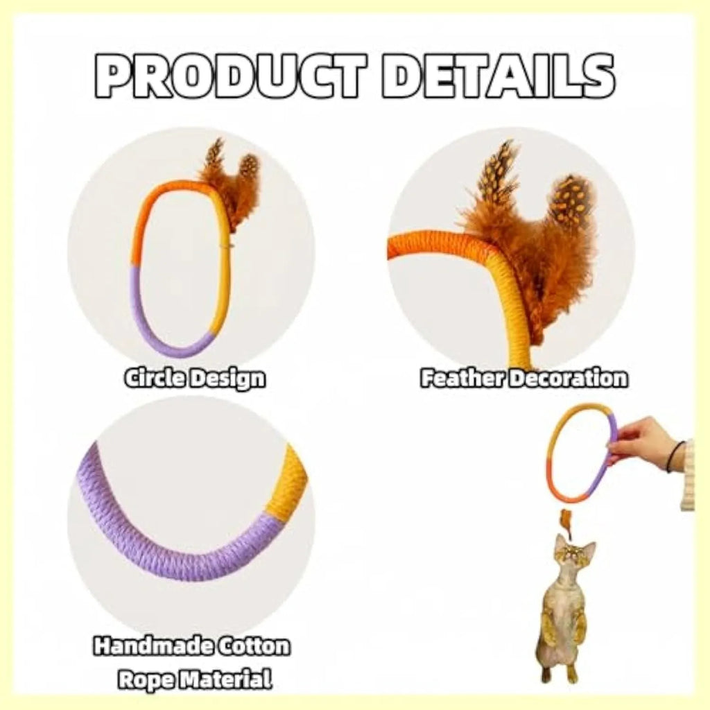 Circular green cotton rope cat toy with feathers and catnip for interactive play