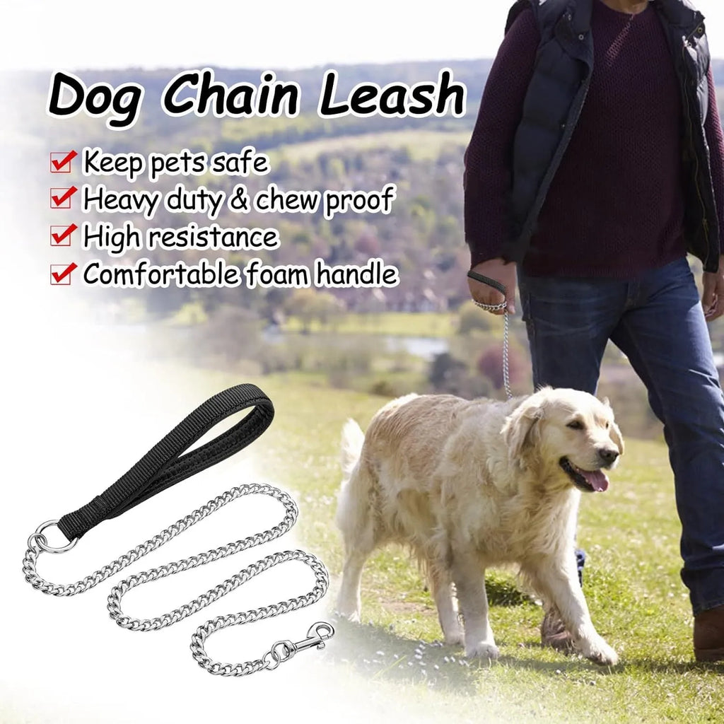 Heavy duty metal dog chain leash with soft black padded handle, shown with a red colour option.