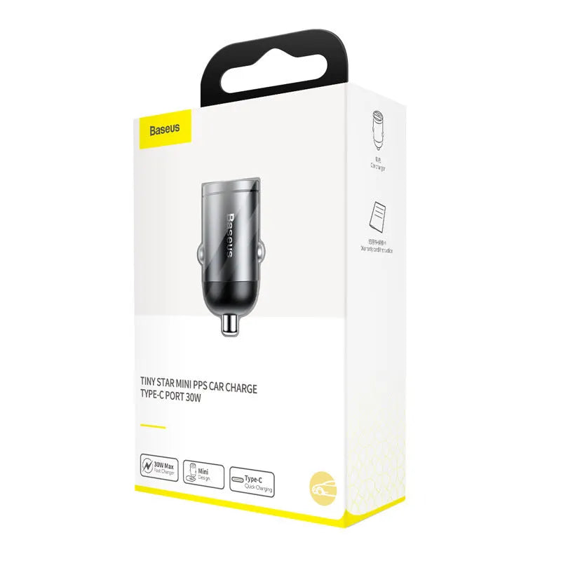 Grey Baseus 30W single USB car charger with 1 metre cable on a car dashboard