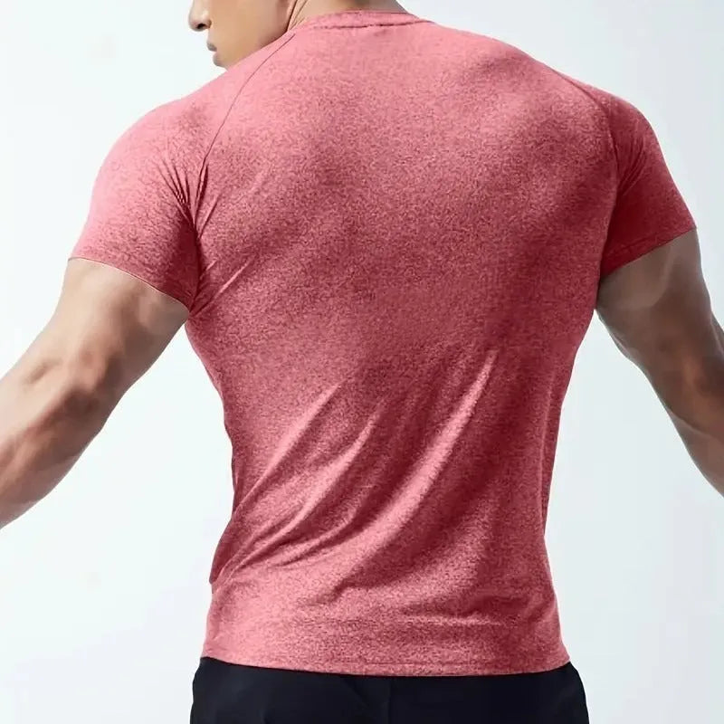 Men's tight stretch quick-dry running t-shirt in black round neck short sleeve design