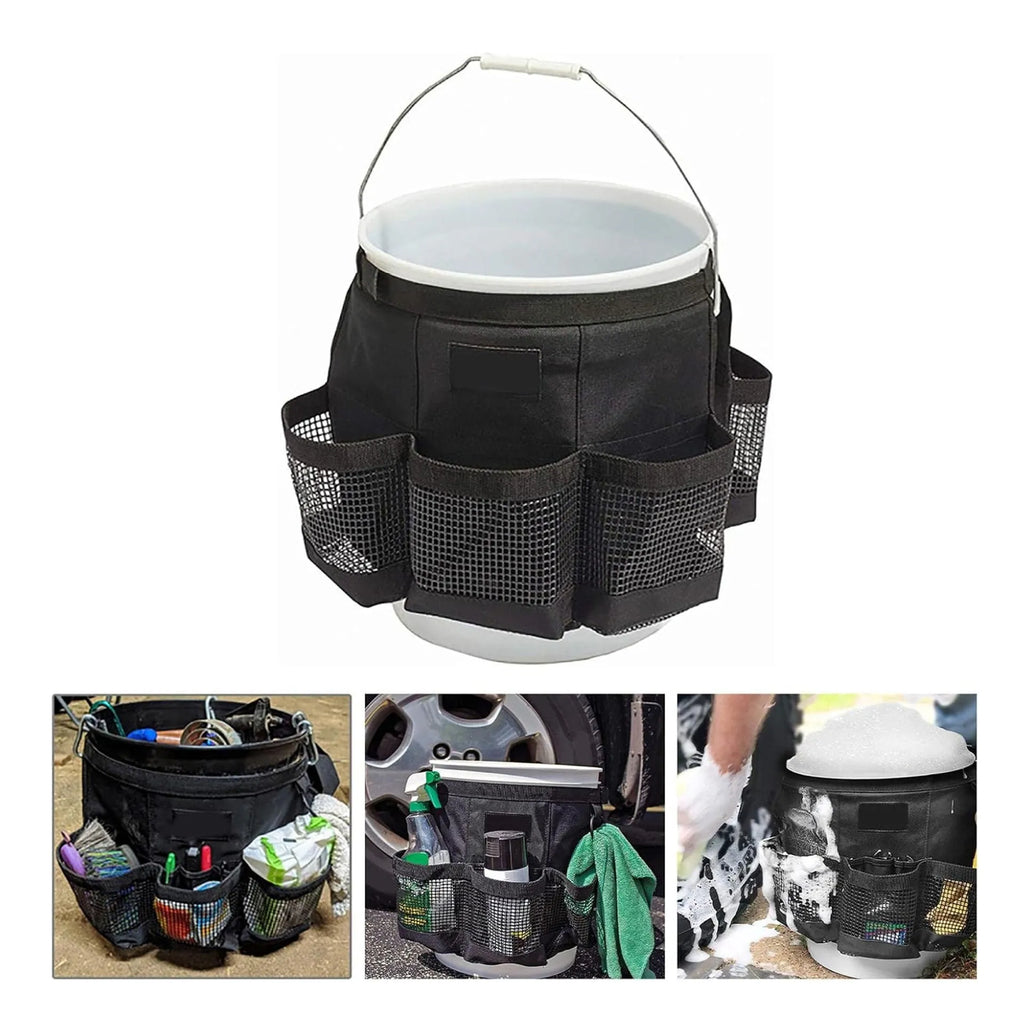 Black cylindrical polyester storage bag hanging on a 5-gallon water barrel for organising tools and gear.