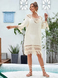 Apricot-coloured hand-crocheted beach dress for women, shown on a model.