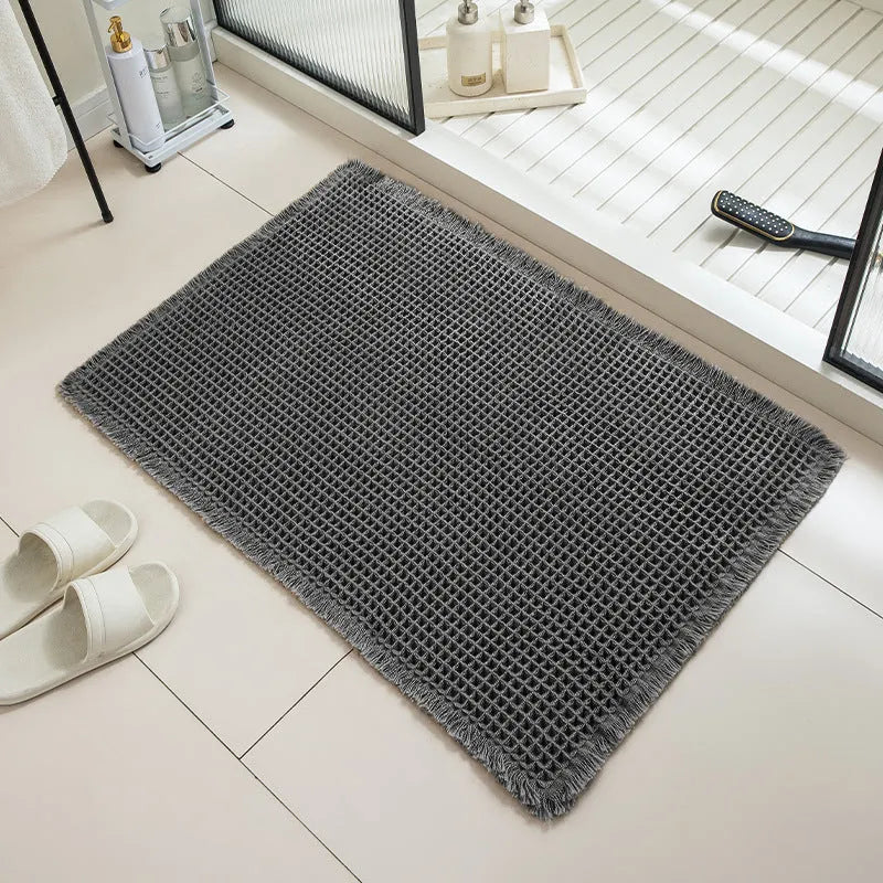 Checkered pattern non-slip absorbent bathroom floor carpet in polyester, shown in multiple colour options.