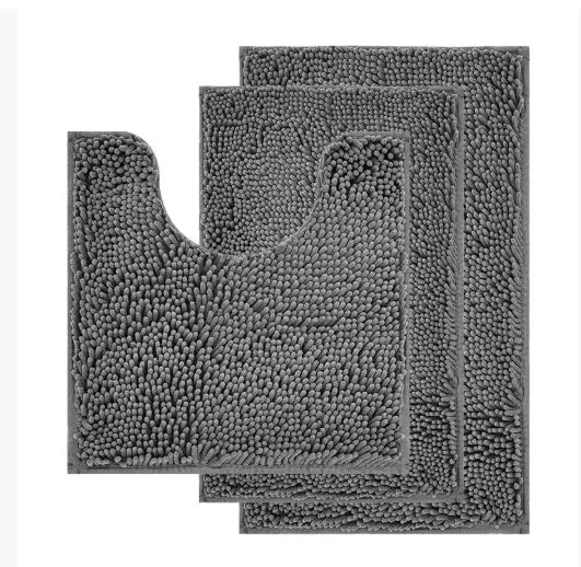 Chenille long hair bathroom three-piece carpet set with U-shaped mat and rectangular mats in modern colours.