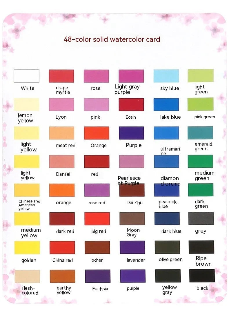 48-colour solid watercolour paint set box showing organised pigment blocks including Black Knight, Girl Pink and Sunshine Blue