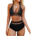 Women's black polyester fibre bikini set with split brief style, shown alongside rose red and leopard print colour options.