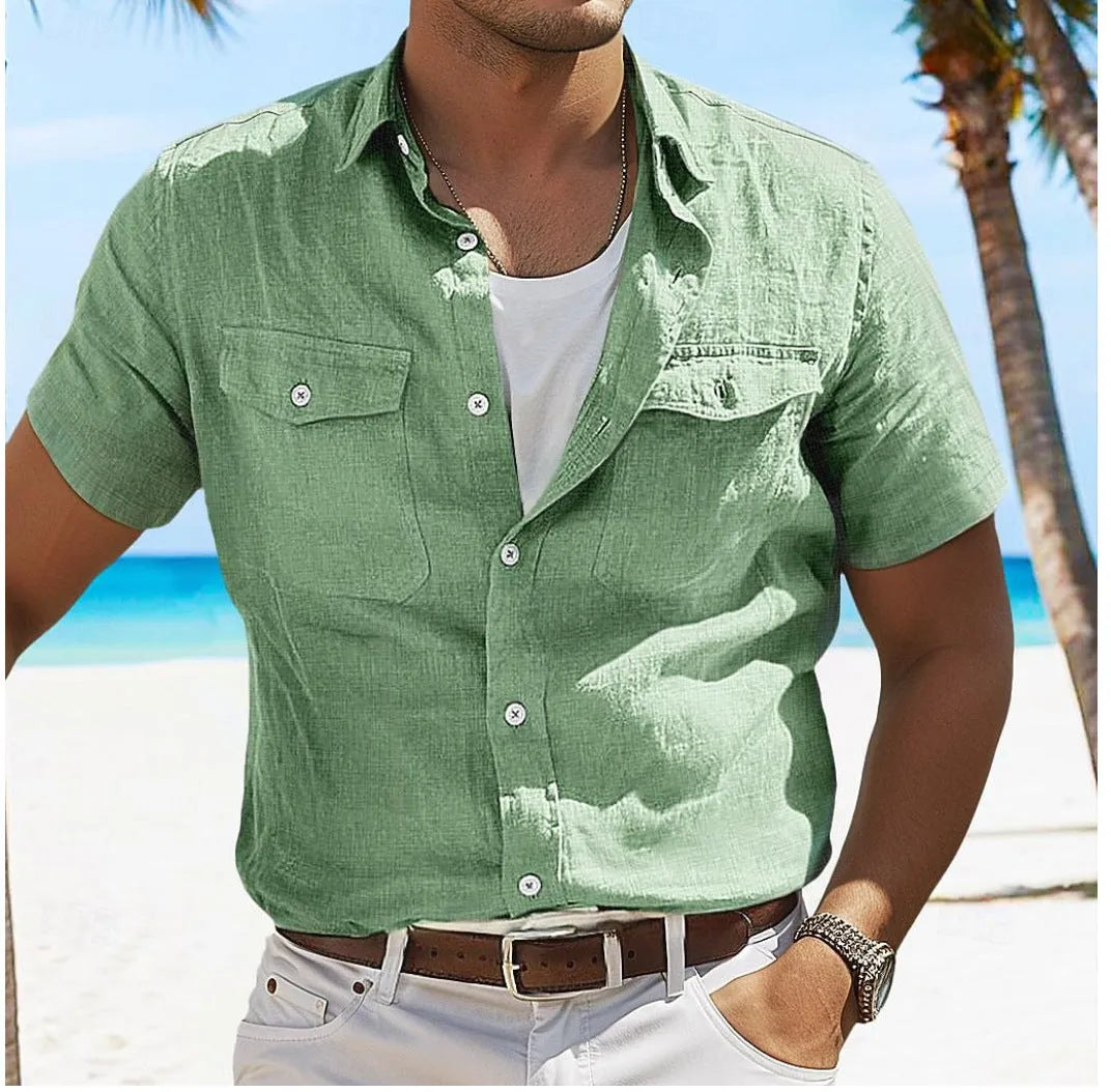 Men's solid-colour cotton shirt with a polo collar and long sleeves in a loose fit
