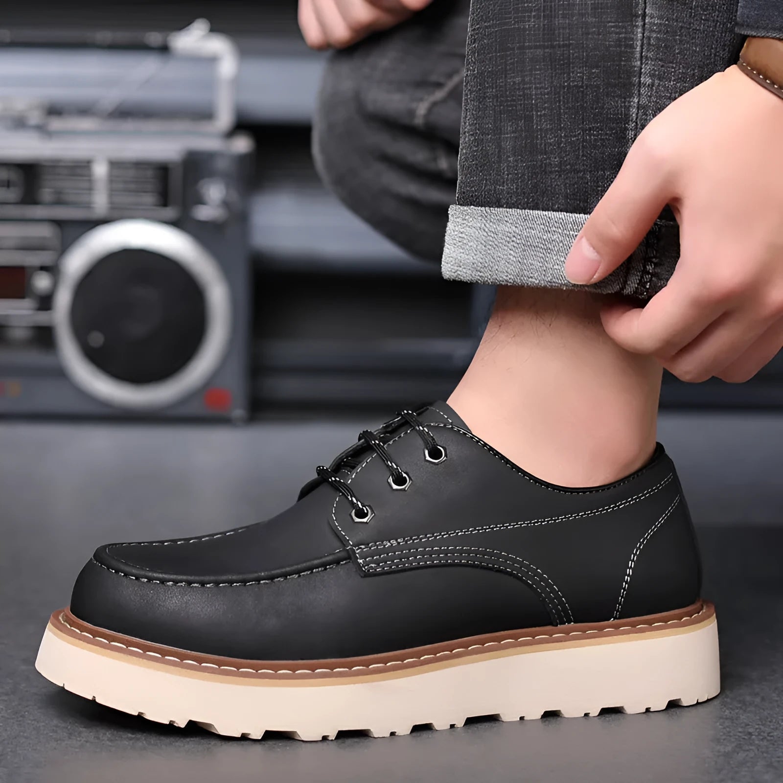 Men's black low-top Martin boots with round toe and rubber sole on wooden surface
