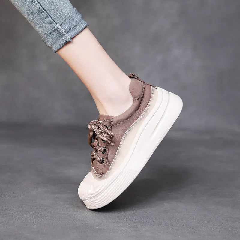 Women's round toe lace-up casual shoes in yellow leather with a rubber sole