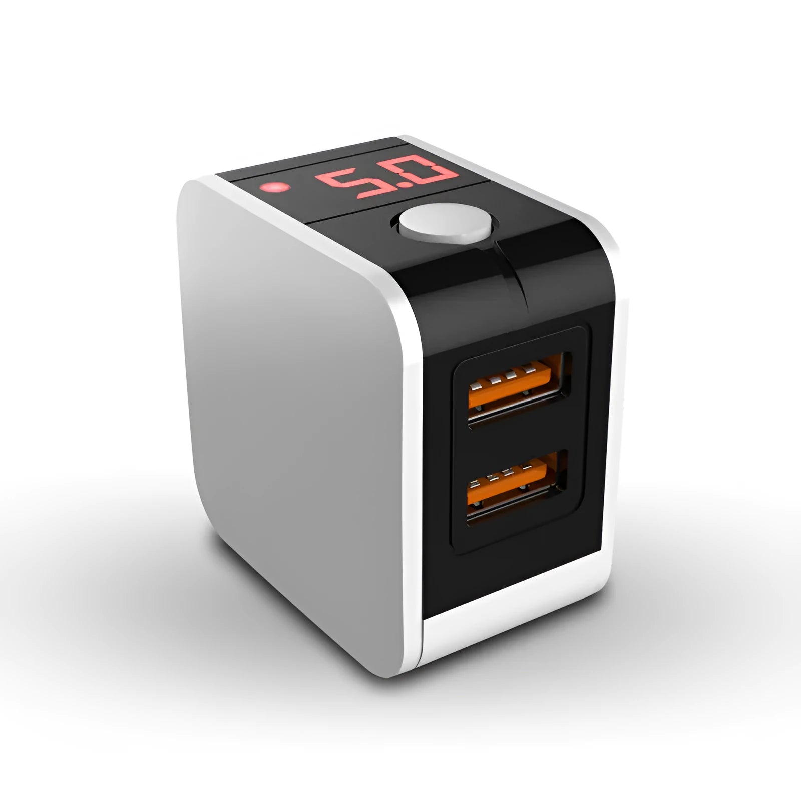 Black 5V 2.4A dual USB fast travel charger with digital voltage display showing 5.0V