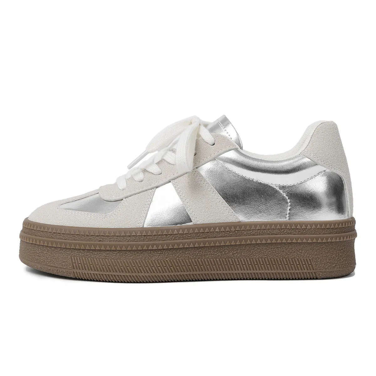Retro round toe casual board shoes with cross shoulder straps in silver colour