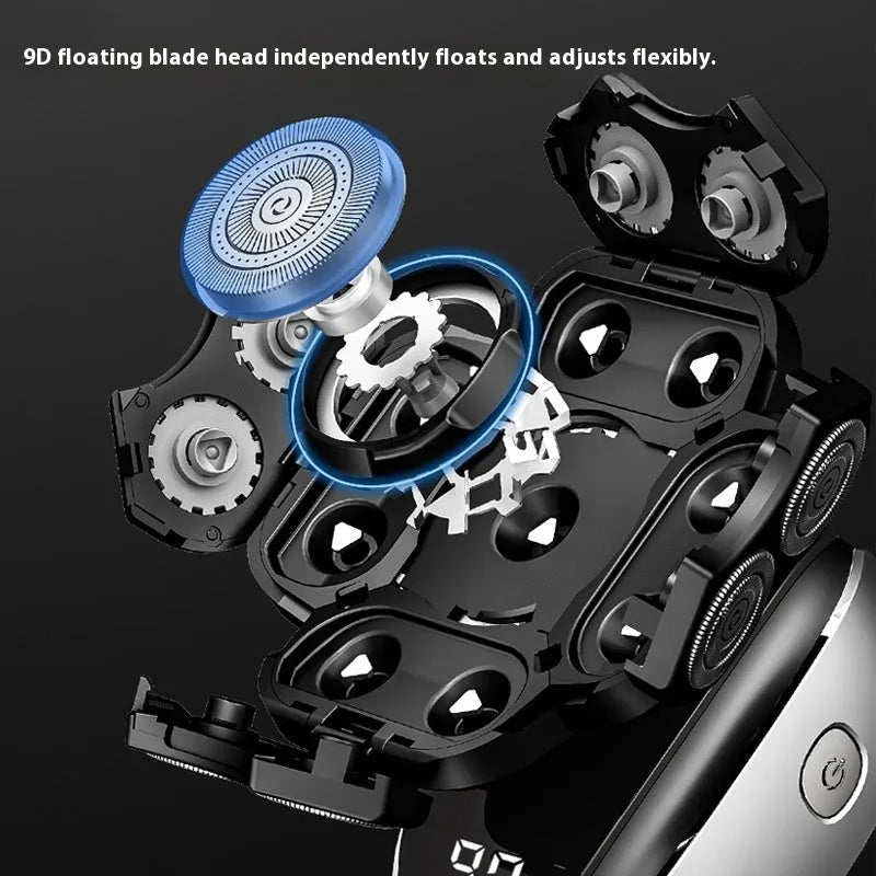 Black rechargeable hair clippers kit with multiple attachments including shaver, nose trimmer, and cleansing brush on a table.