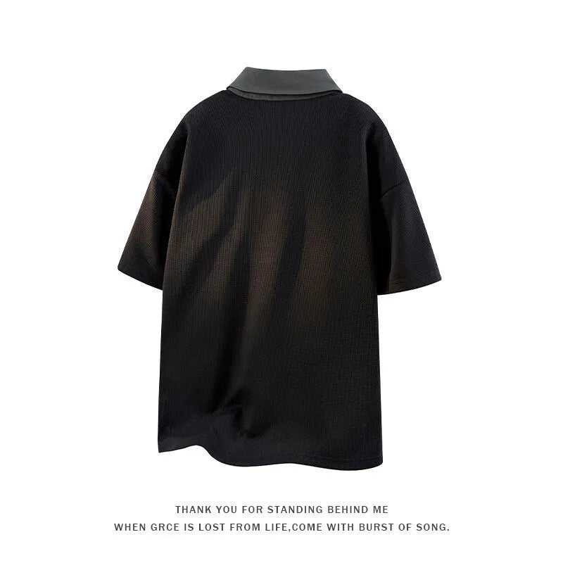 Men's black thin Spandex polo shirt sweater with a Heavy Henry collar and short sleeves.