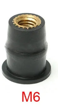 Black rubber and brass well nut riveting fasteners for motorcycle windshields in M4, M5, and M6 sizes
