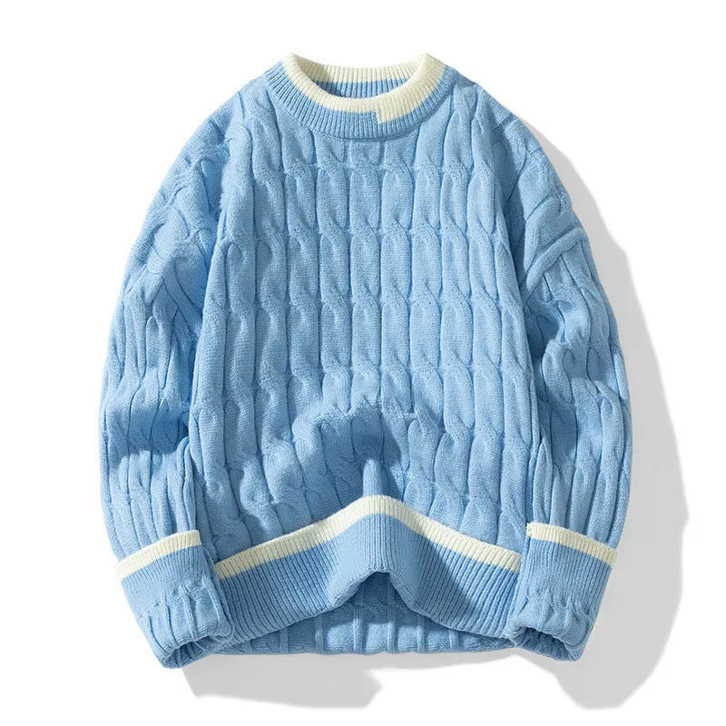 Men's loose grey and blue acrylic modal sweater set on a hanger, showing long sleeves and pullover style.