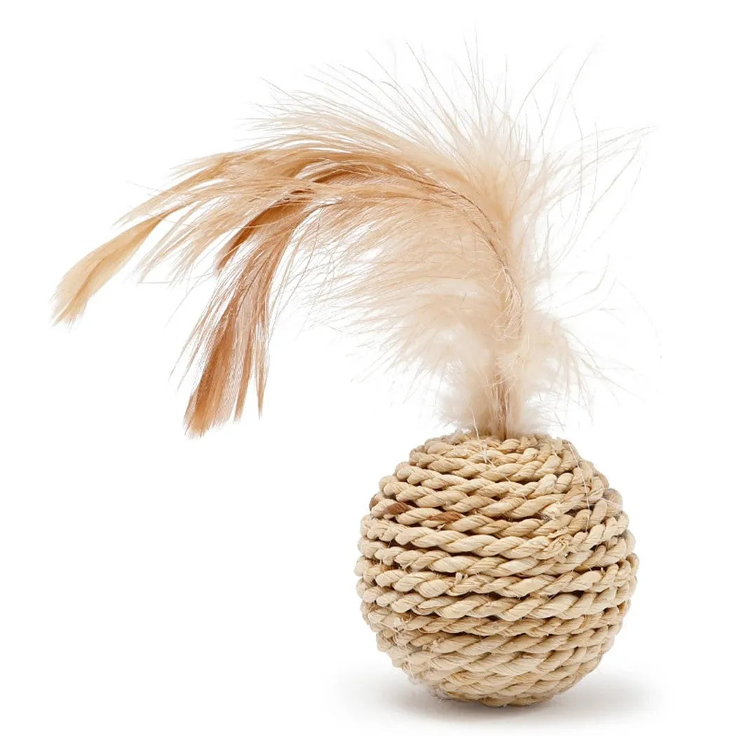 Two cat toys including a hollow rattan ball and a faux feather ball with bells for interactive kitten play