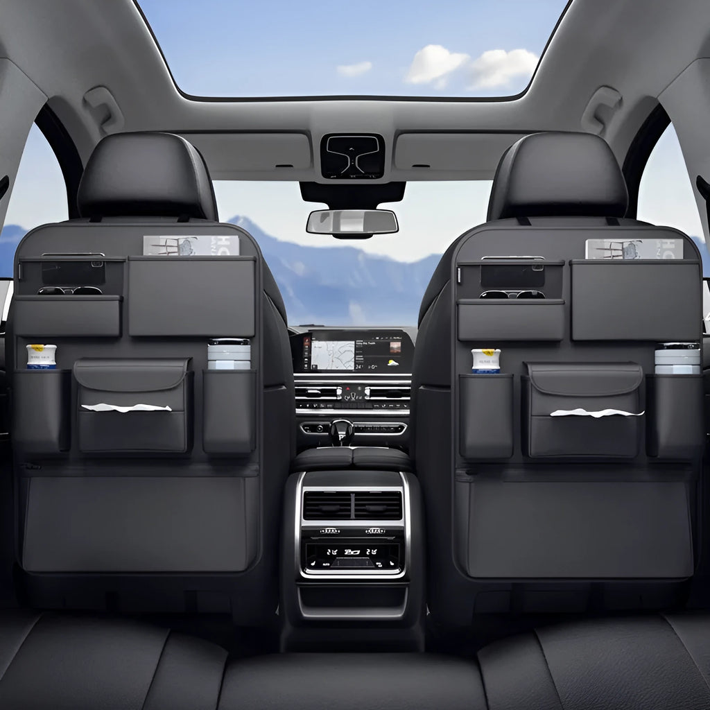 Black leather car seat back hanging storage bag with a handle, shown in large and small sizes for buggy organisation.