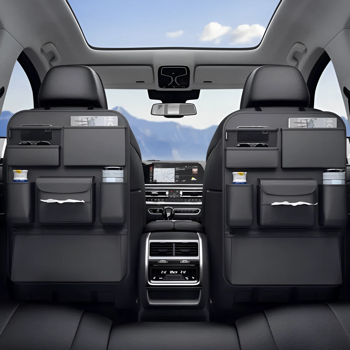 Black leather car seat back hanging storage bag with a handle, shown in large and small sizes for buggy organisation.