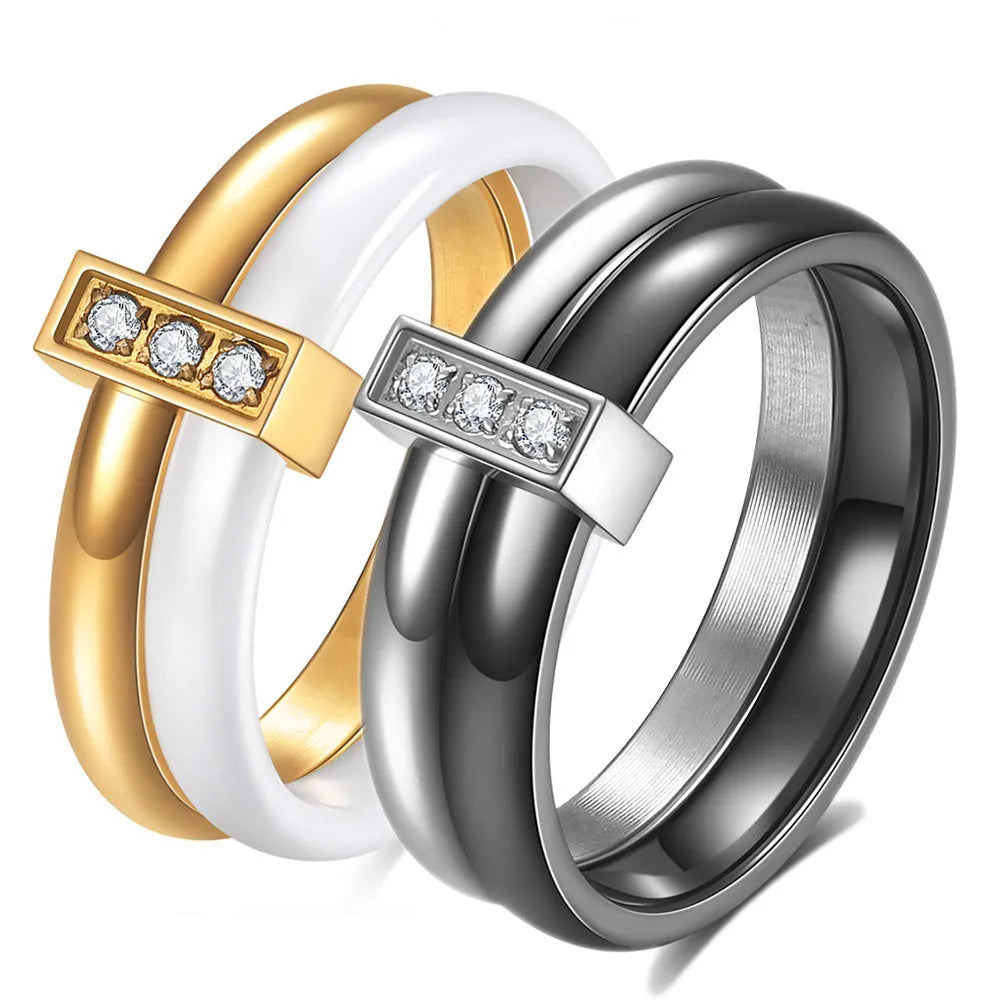 Ceramic geometric ring for women with zirconium stones and glossy stitching, 6mm width