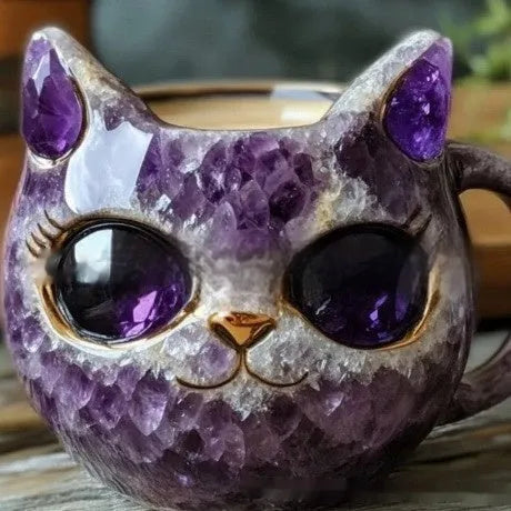 Handmade geode crystal cat mug in synthetic resin showing pastoral style design