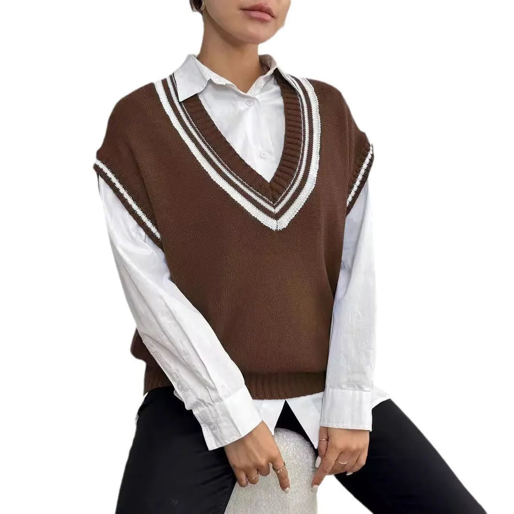 Women's loose-fit acrylic blend vest sweater in college style available in blue, coffee, and black colours