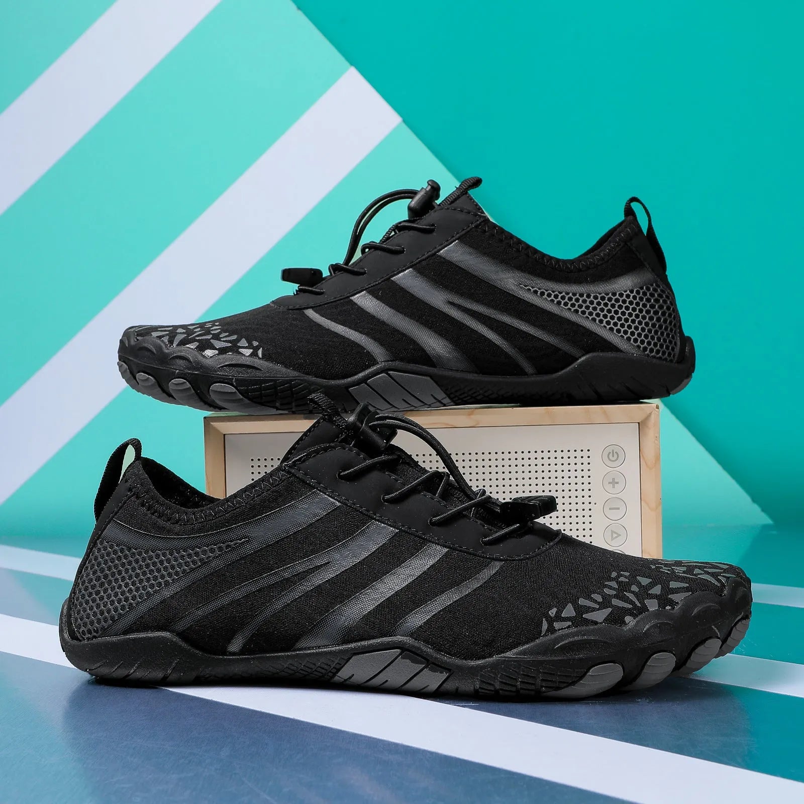 Beach running shoes with Lycra stretch fabric upper in various colours, showing casual design.