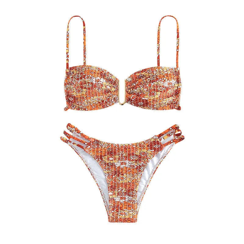 Women's floral bikini swimsuit set with high waist briefs in solid orange, blue, or rose red.