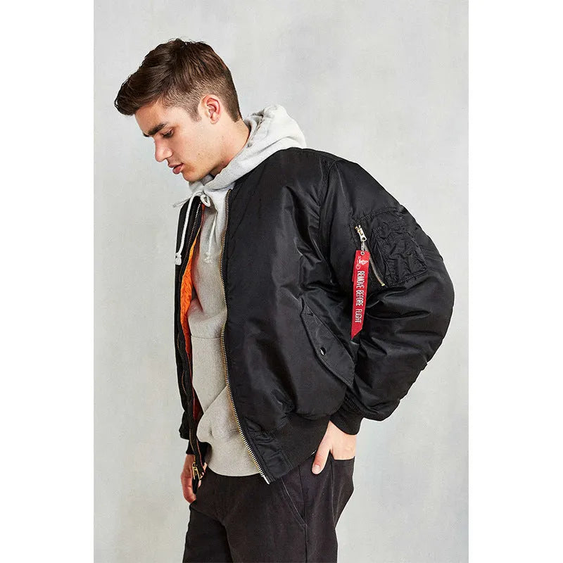 Men's loose fit cotton-padded pilot jacket in nylon, shown in Army Green colour.