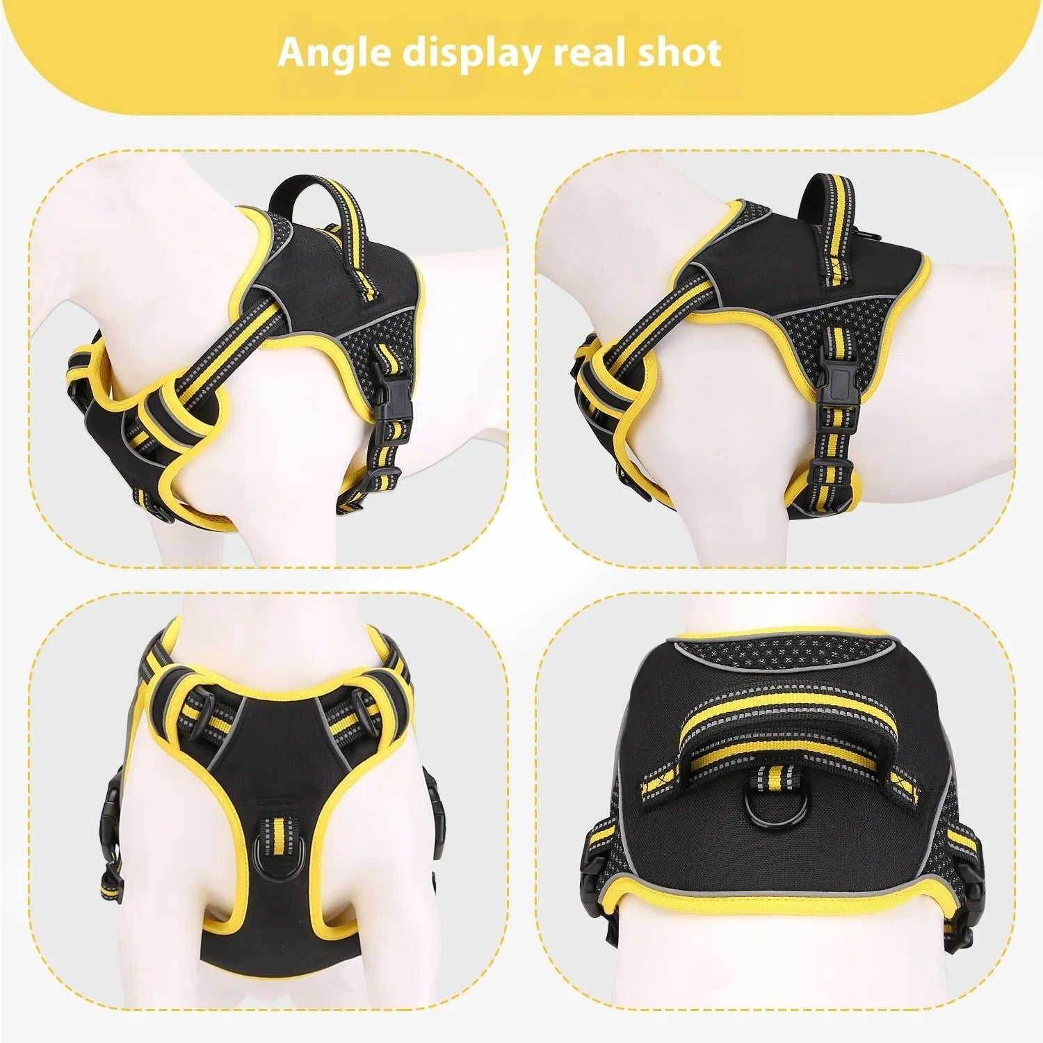 Orange anti-breaking dog harness with polyester traction strap for outdoor walking.